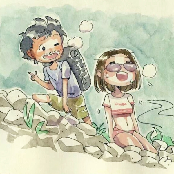 超清两人一张插画风格的情头图片 插画风情侣头像