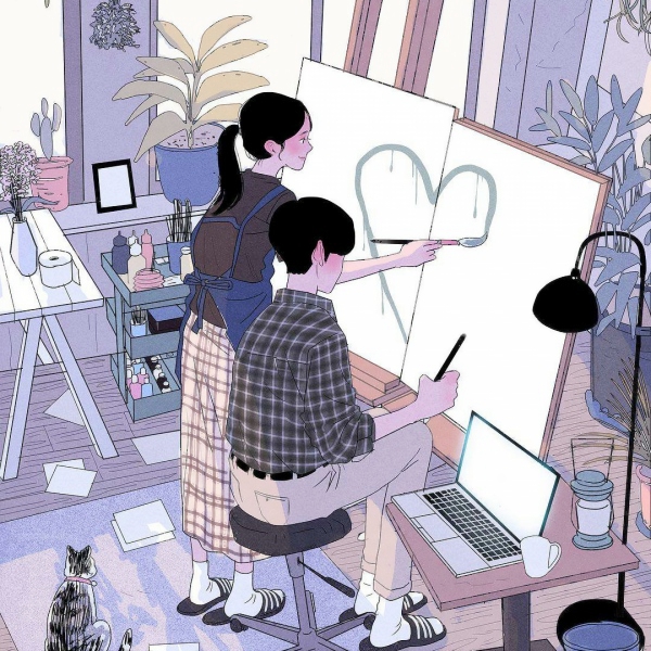 高清好看的情侣温馨日常生活插画头像 情侣日常插画图片头像