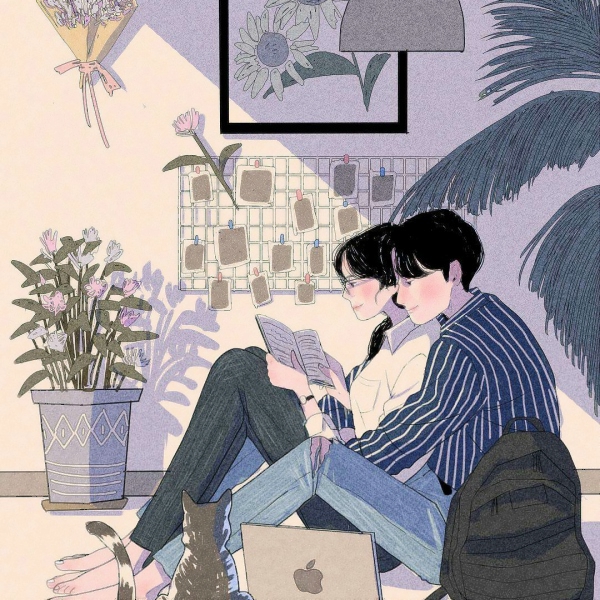 高清好看的情侣温馨日常生活插画头像 情侣日常插画图片头像