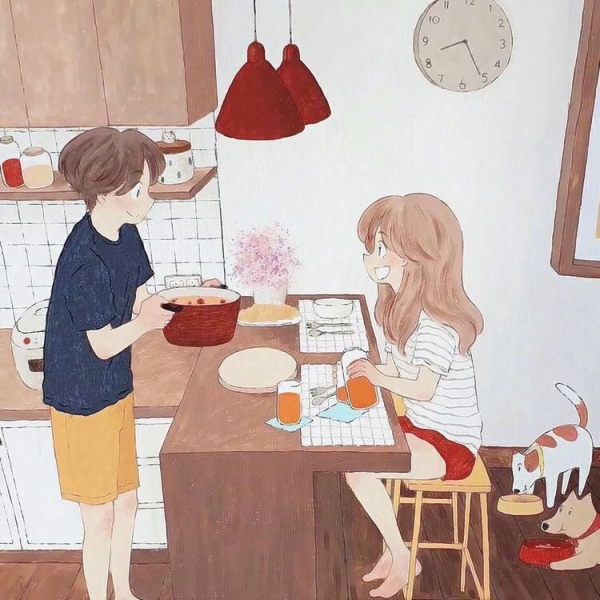 超高清恩爱的情侣温馨日常生活插画 手绘情侣日常生活插画头像